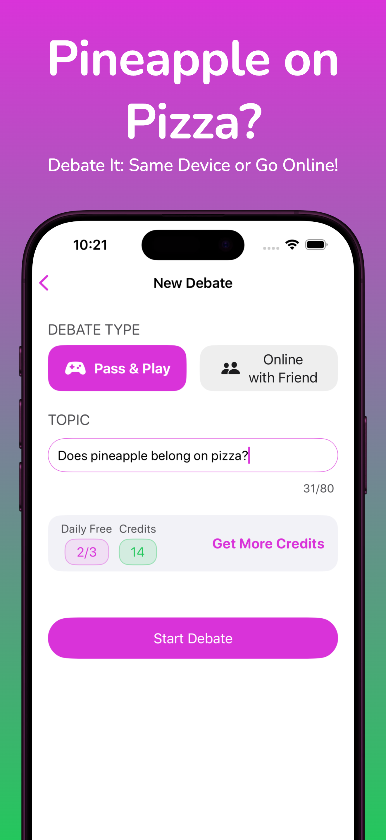 Create Debate Screen with topic selection and connection options